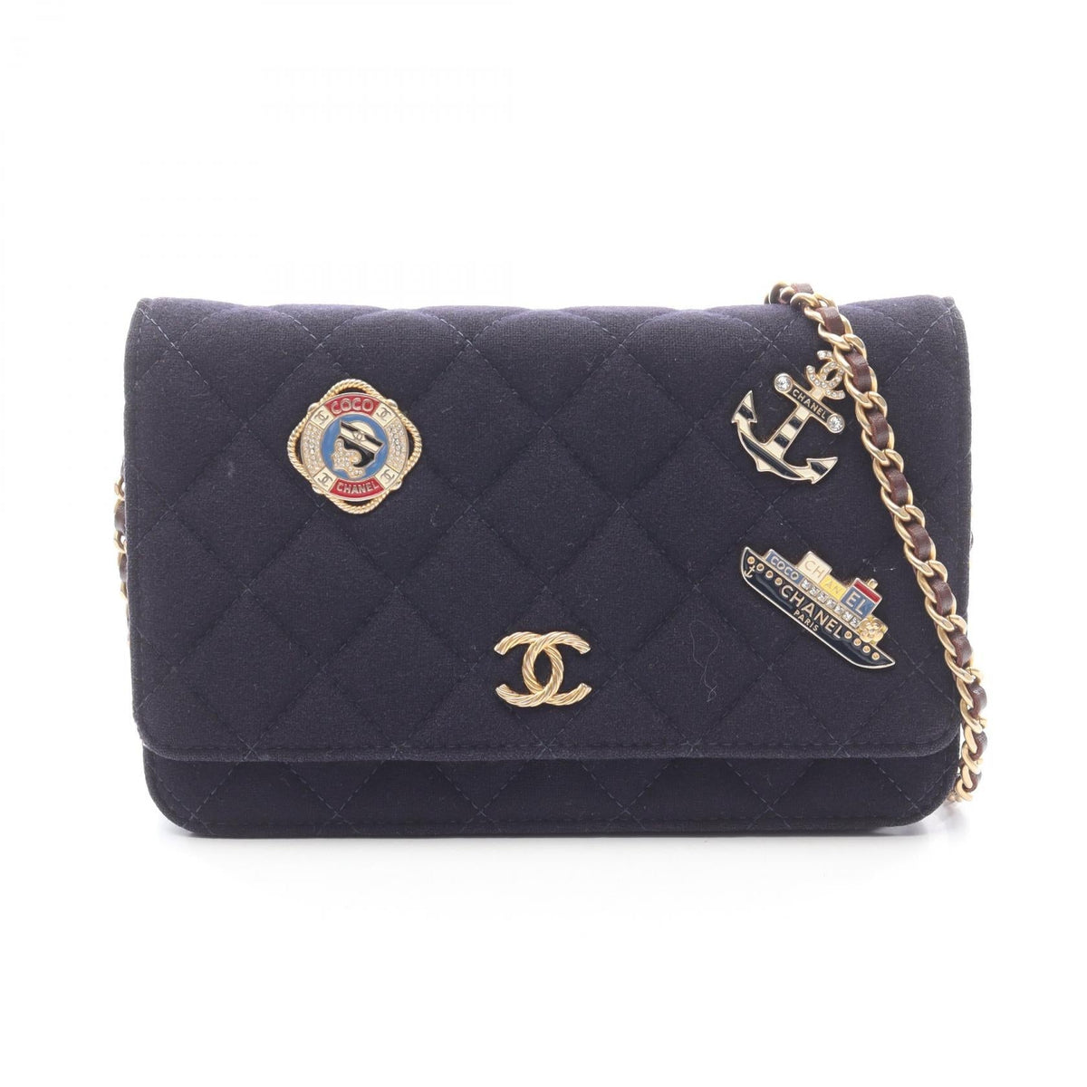 Preloved CHANEL Navy/Brown Matelasse Marine Charm wool×leather 2101219717791
