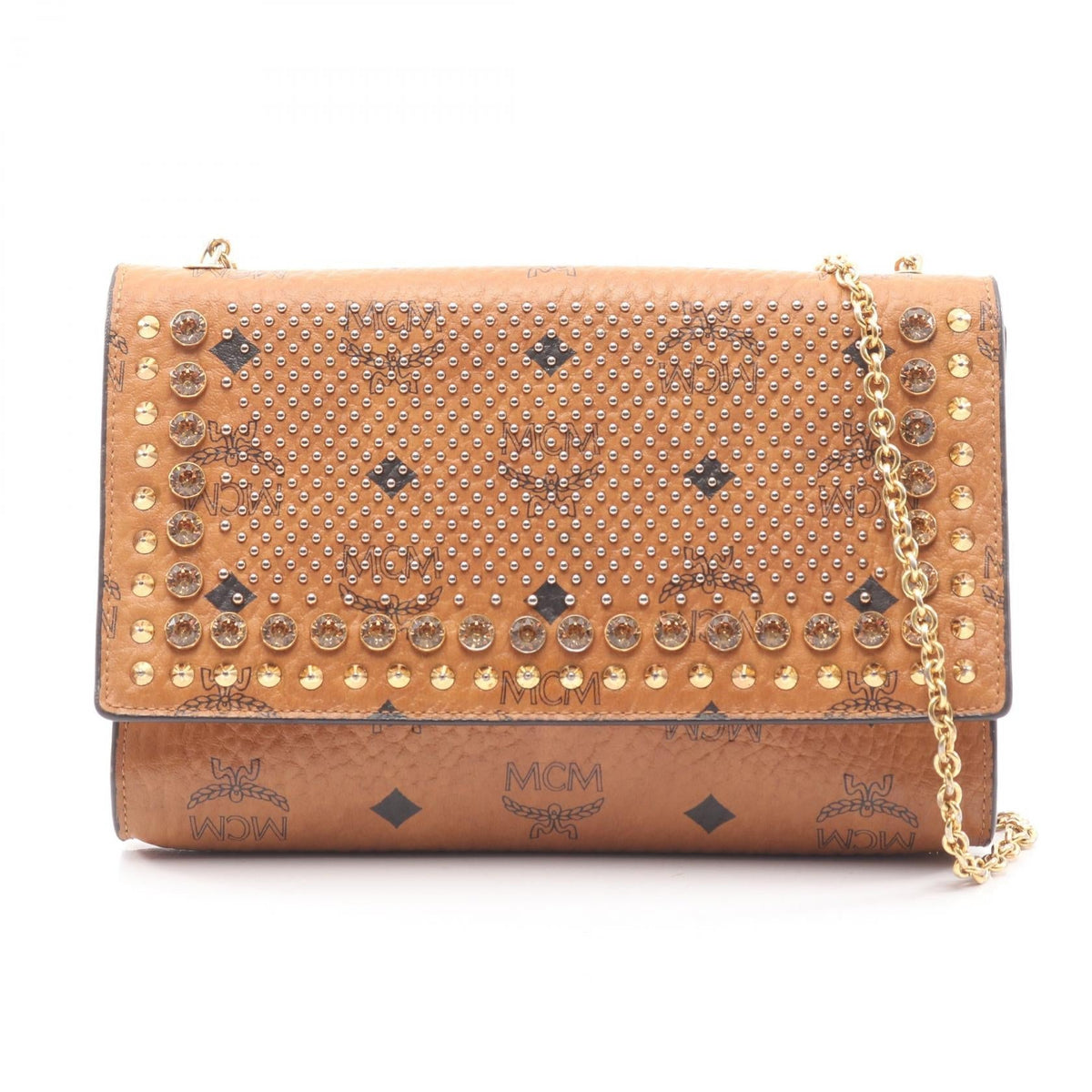 Preloved MCM Visetos Beaded Studs Shoulder Bag Brown PVC coated canvas 2101219339511