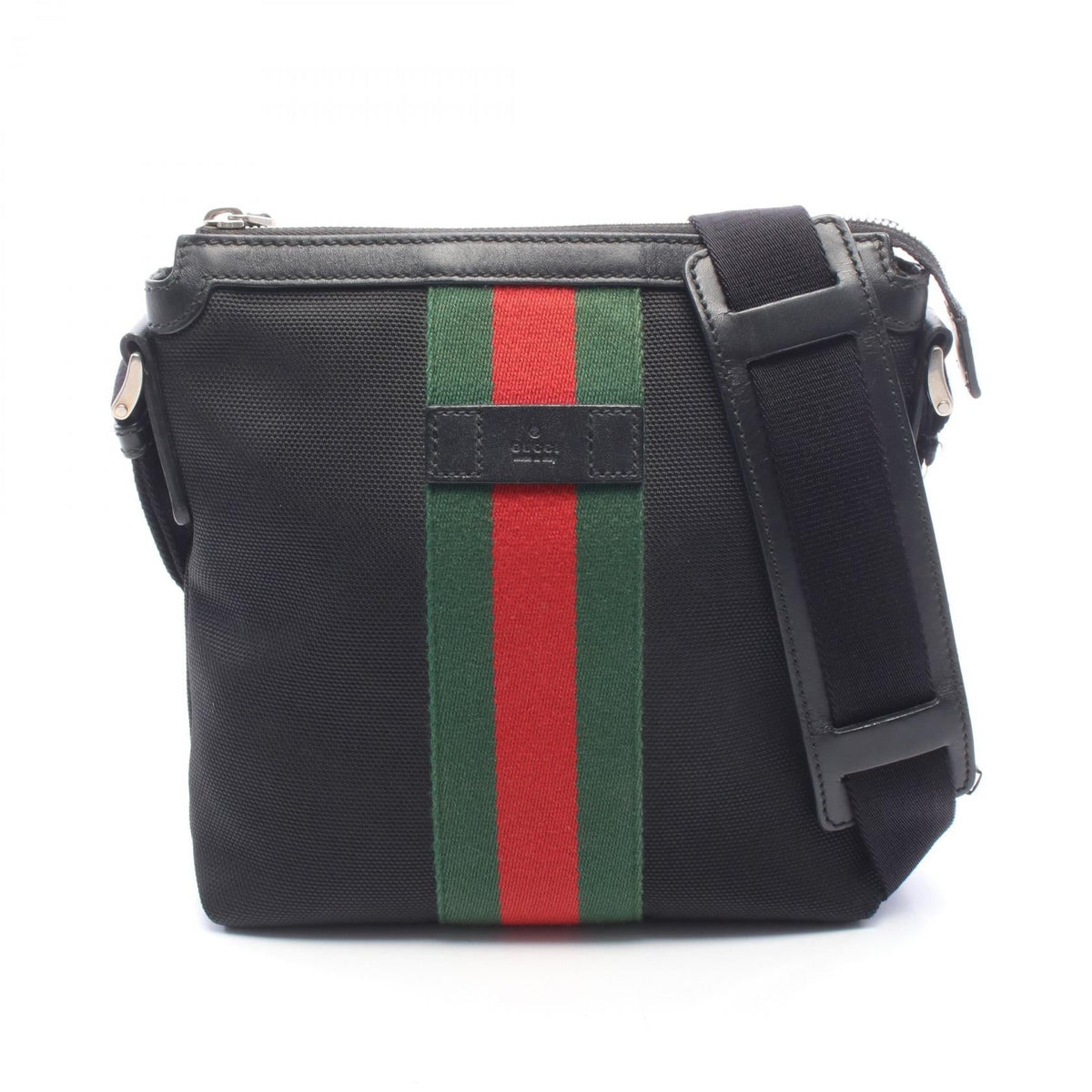 Preloved GUCCI Web Stripe Flat Messenger Shoulder Bag Black/Green/Red leather×Nylon canvas 471454 2101220287320