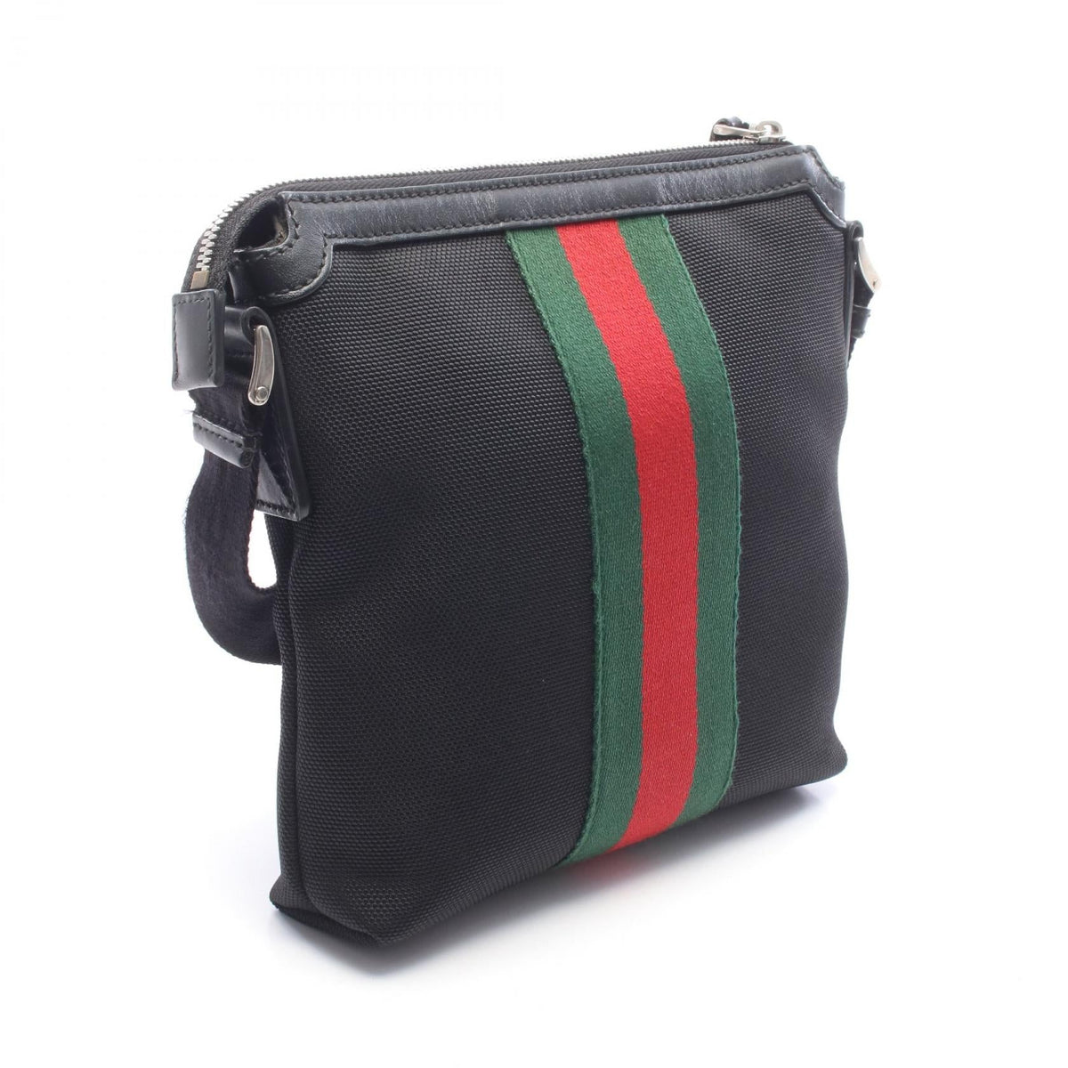 Preloved GUCCI Web Stripe Flat Messenger Shoulder Bag Black/Green/Red leather×Nylon canvas 471454 2101220287320