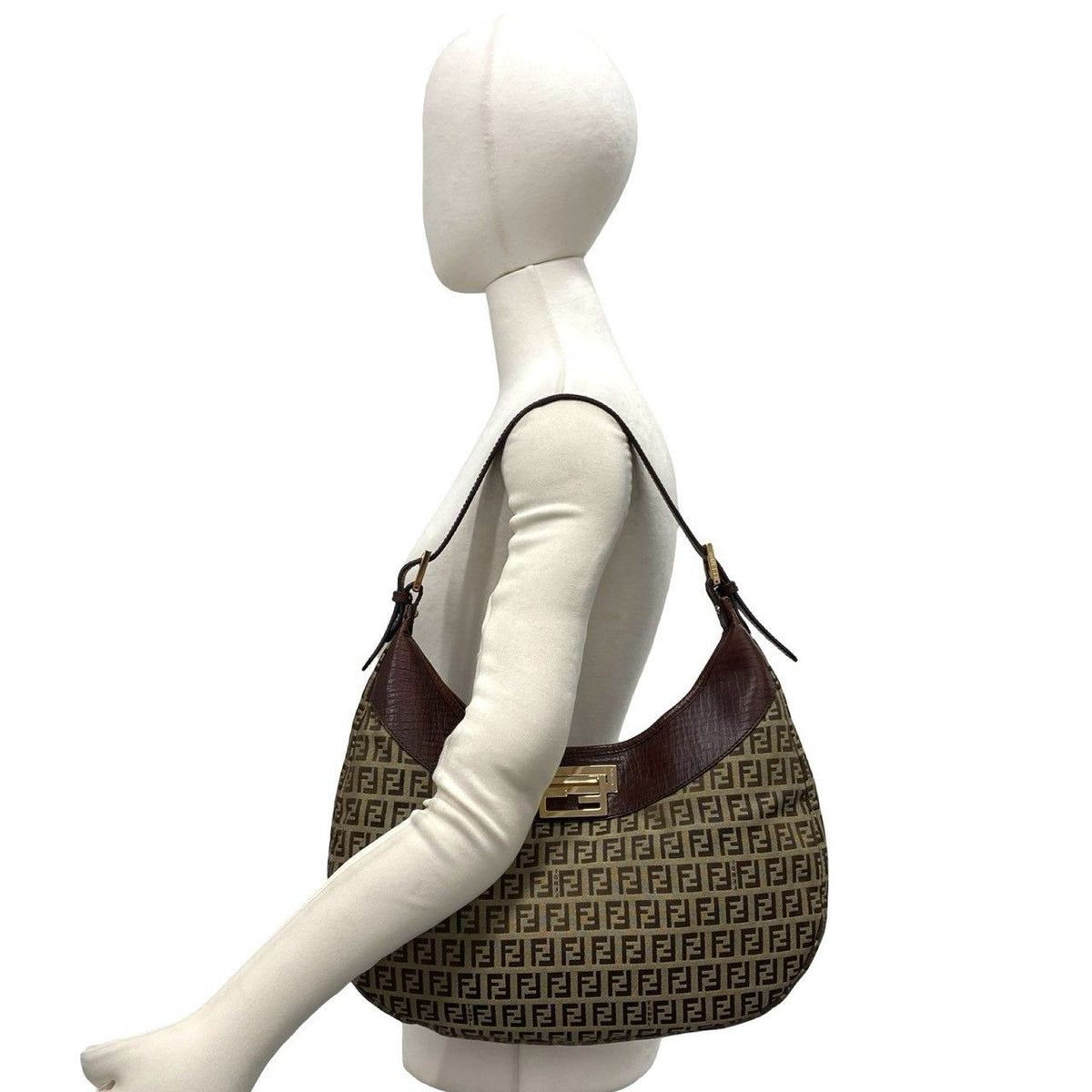 Fendi Zucchino Leather Canvas Shoulder Bag