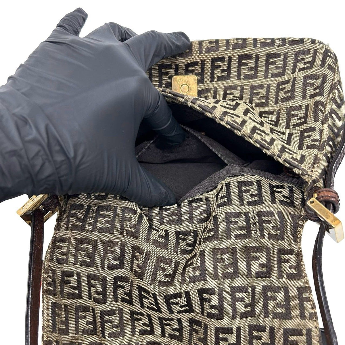 Fendi Zucchino Canvas Leather Shoulder Bag