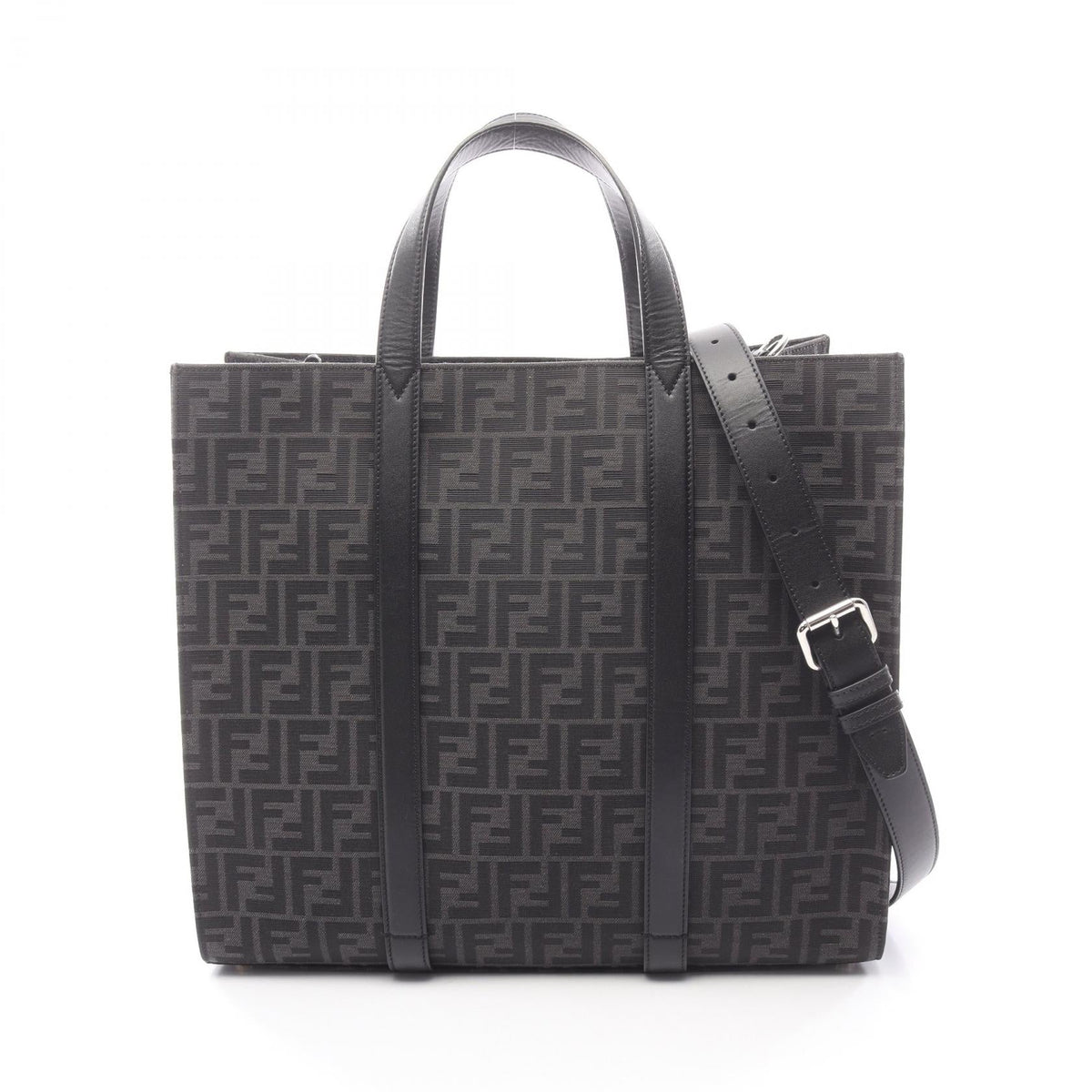 Preloved FENDI FF jacquard Tote Bag Black/Gray canvas×leather 7VA390 2101219370200