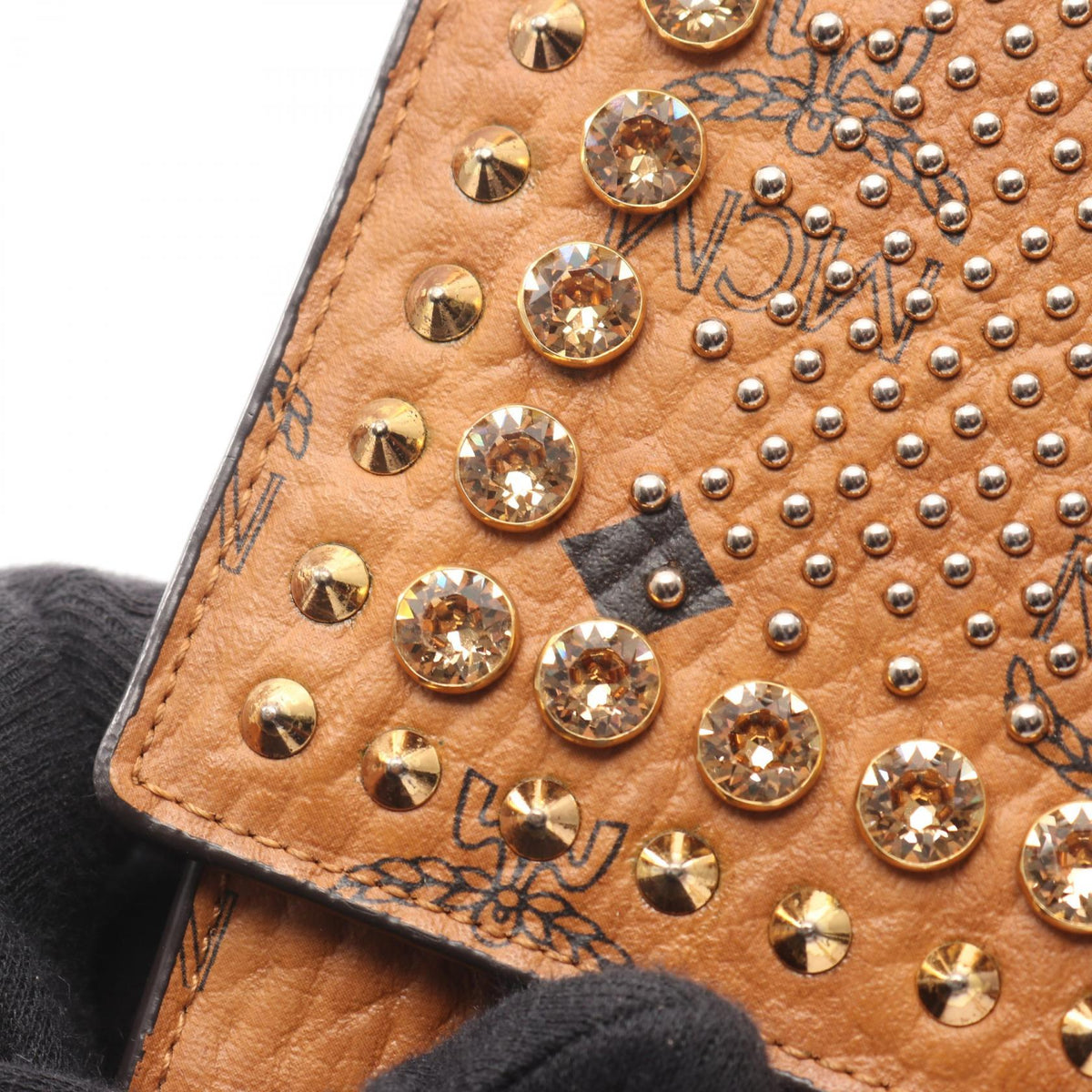 Preloved MCM Visetos Beaded Studs Shoulder Bag Brown PVC coated canvas 2101219339511