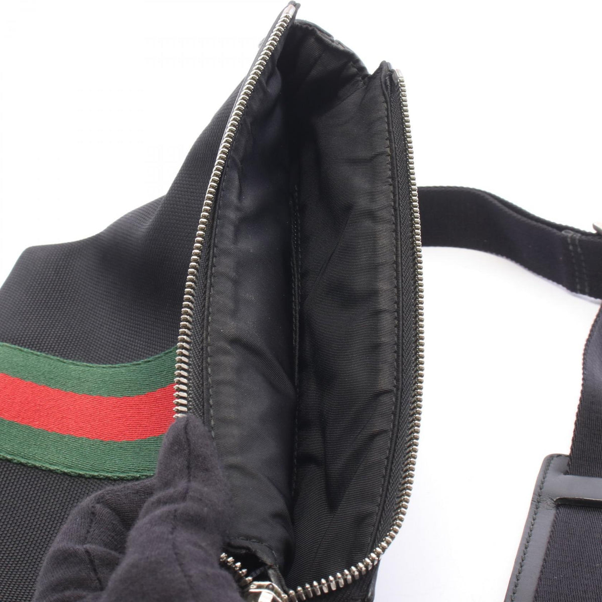 Preloved GUCCI Web Stripe Flat Messenger Shoulder Bag Black/Green/Red leather×Nylon canvas 471454 2101220287320