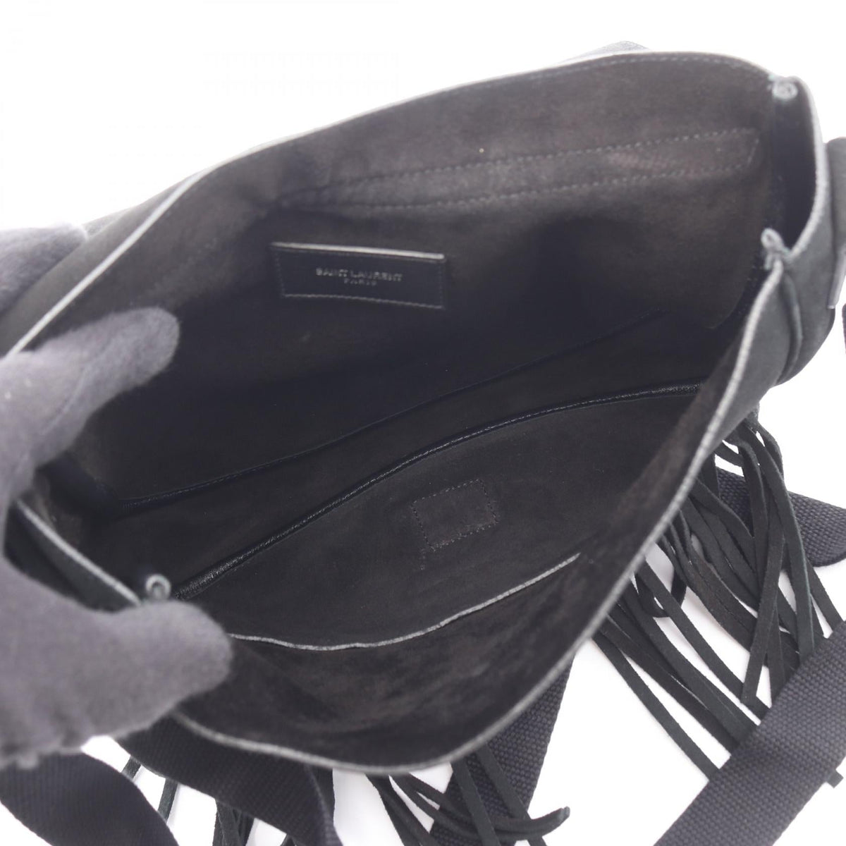 Preloved SAINT LAURENT PARIS fringe Shoulder Bag Black Suede 2101219830360