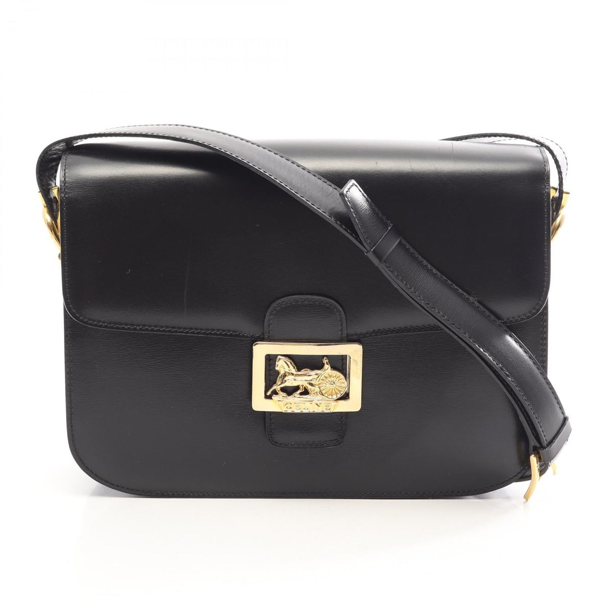 Preloved CELINE Hose carriage Shoulder Bag Black leather 2101220288655